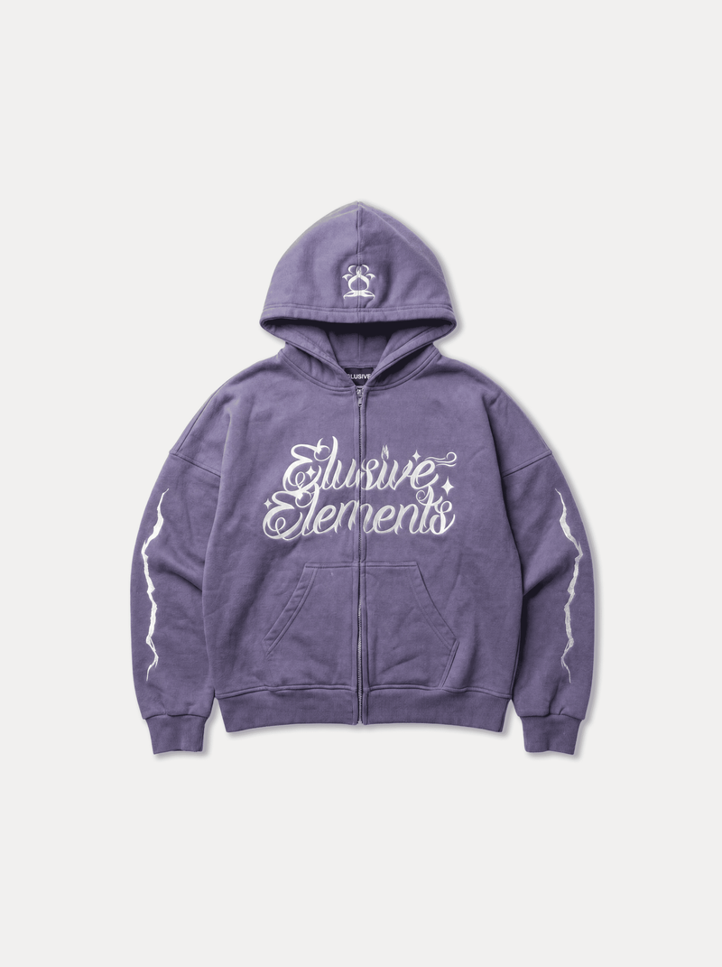 Purple Zipper zip hoodie, front view with embroidery