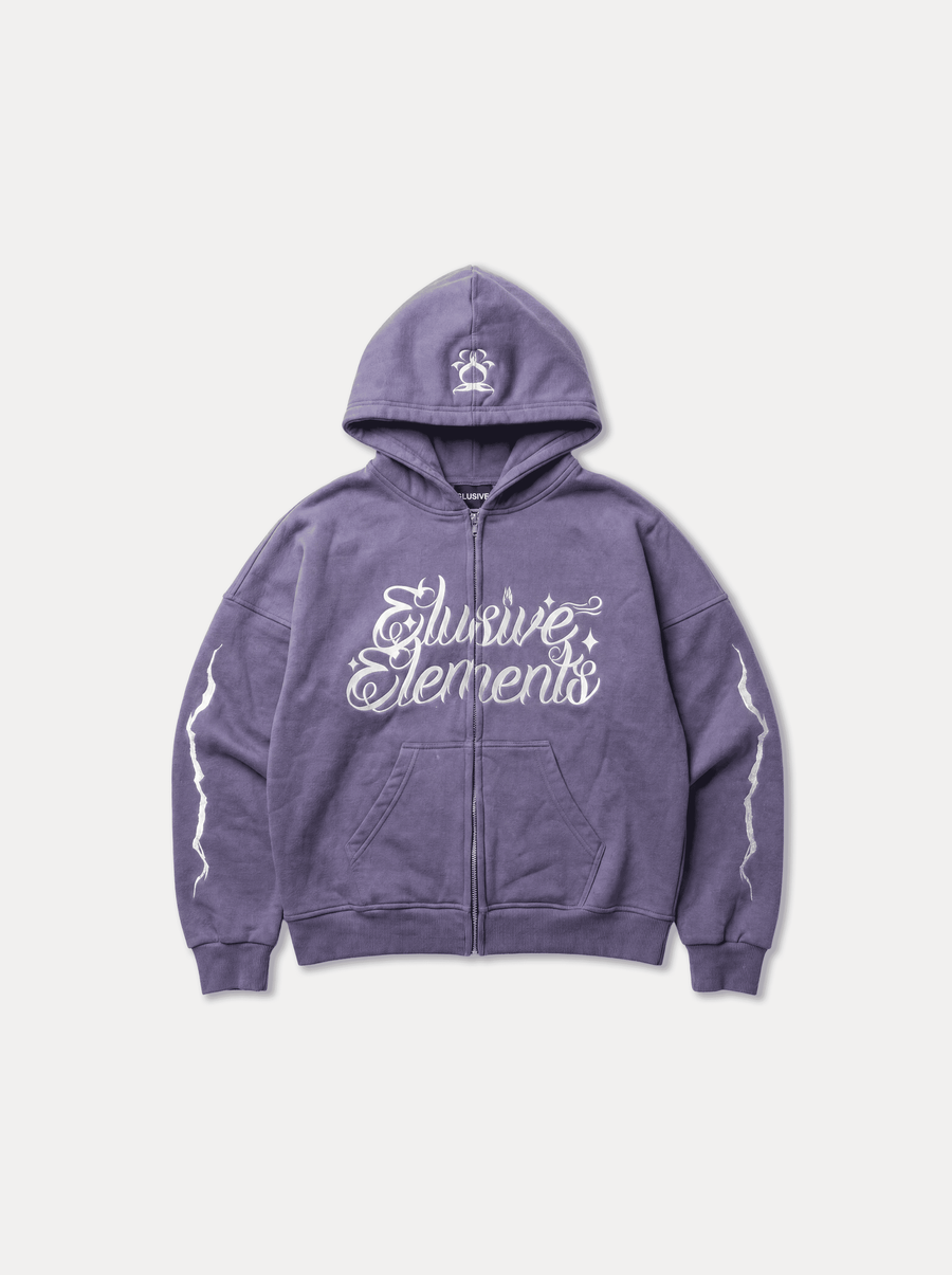 Purple Zipper zip hoodie, front view with embroidery
