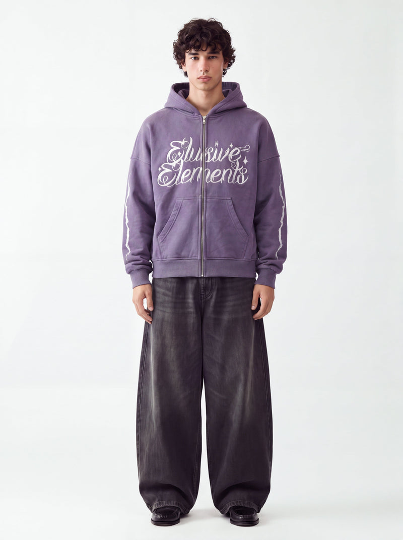 Model wearing the Purple Zipper zip hoodie, front view
