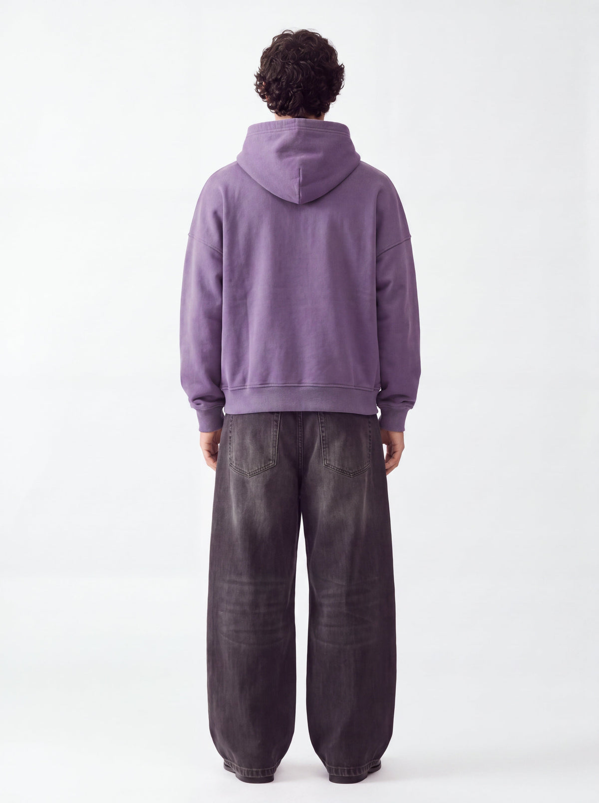 Model wearing the Purple Zipper zip hoodie, back view