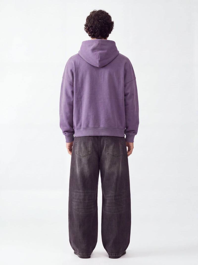 Model wearing the Purple Zipper zip hoodie, back view